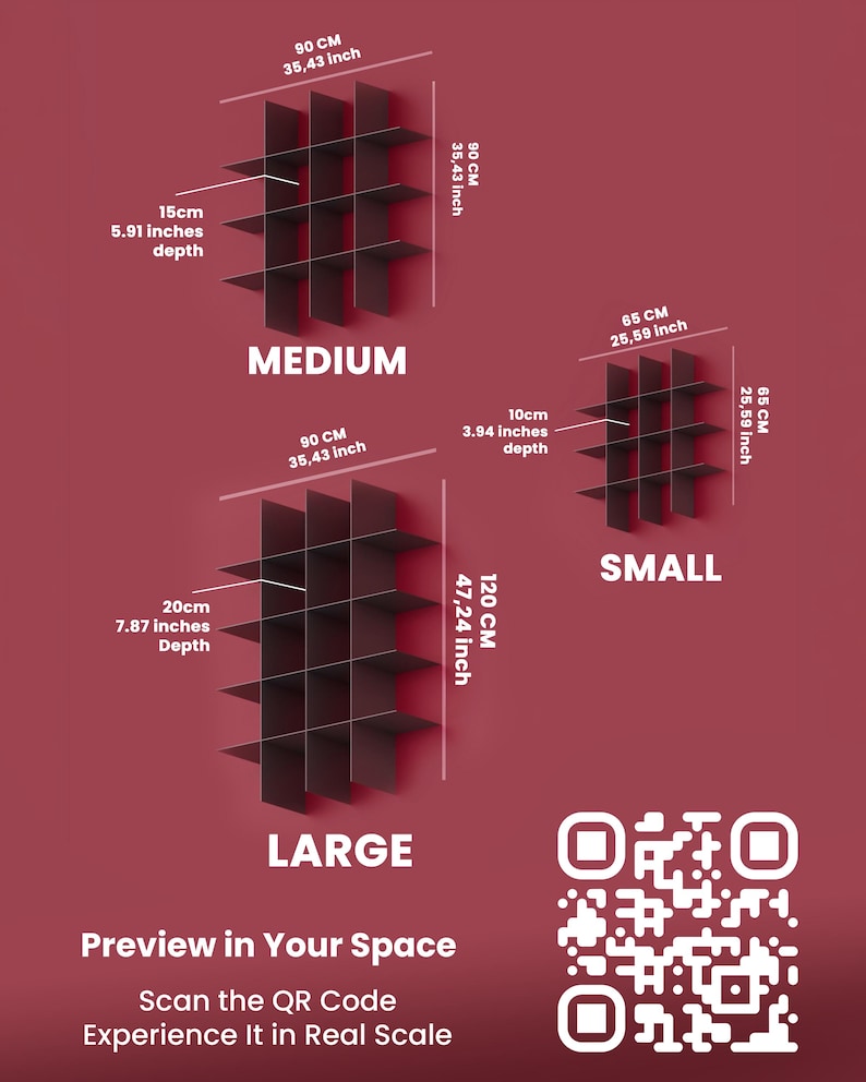 May include: Three black grid wall shelves labeled Medium, Large, and Small. Medium is 35.43 inches wide and high with 5.91 inches depth. Large is 35.43 inches wide, 47.24 inches high, 7.87 inches deep. Small is 25.59 inches wide and high, 3.94 inches deep.