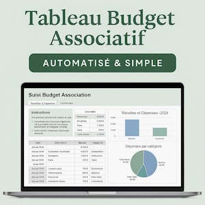 Peut inclure: Un ordinateur portable affiche une feuille de calcul financière intitulée "Tableau Budget Associatif" avec des graphiques et des données. L'écran montre une association budgétaire avec les revenus, les dépenses et les répartitions par catégorie. Le texte "AUTOMATISÉ & SIMPLE" est également visible.