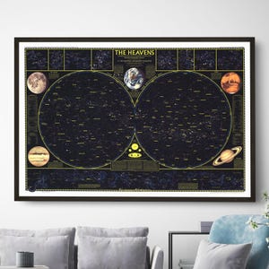 Constellations Night Sky Chart Poster - 1970s Vintage National Geographic &quot;The Heavens&quot; Celestial Map - Rolled or Framed Fine Art Print