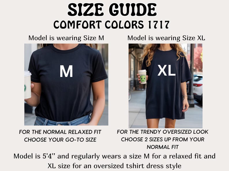 Pode incluir: Guia de tamanhos para camisetas Comfort Colors 1717. A imagem mostra dois modelos vestindo camisetas pretas, um tamanho M e um tamanho XL. O texto aconselha escolher seu tamanho normal para um ajuste relaxado ou aumentar dois tamanhos para um look oversized.