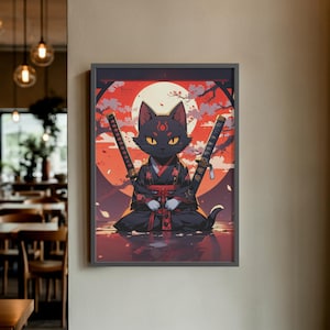 Samurai Cat Poster PNG, Instant Digital Download, Elegant Cat Print, Samurai Kitten, Cat Lover, Japanese Wall Art Gift, Cat Lover Wall Decor