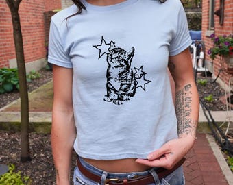 Baby T-shirt met kattensterren, trendy katoenen shirt uit de Y2K-periode.