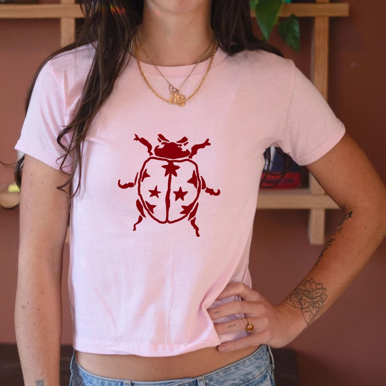 Op de afbeelding: Een lichtroze crop top met een grote, donkerrode lieveheersbeestje-afbeelding. Het lieveheersbeestje-ontwerp bevat stervormige details op de rug. Het shirt heeft korte mouwen en een ronde hals.