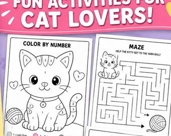 Katzenaktivitätsbuch für Kinder zum Ausdrucken, Kitty Malbuch PDF, Kinderkatzen-Arbeitsblätter, digitaler Download Kinderaktivität