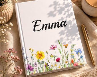 Personalized Wildflower Journal, Custom Name Notebook, Floral Hardcover Journal, Birthday Gift For Women