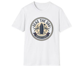 -shirt avec logo de planche de surf Seas the Day | Emblème de corde Beach Vibes