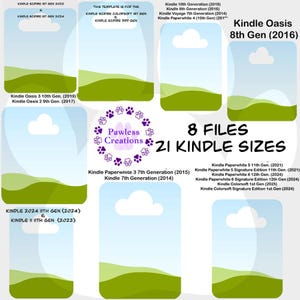 May include: A digital product graphic featuring various Kindle models and generations. The design includes a blue sky with clouds, green hills, and text indicating 8 files and 21 Kindle sizes. The Pawless Creations logo is also present.