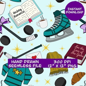 May include: A seamless pattern on a light blue background featuring teal hockey skates, black hockey sticks, black pucks, coffee mugs, books titled Hockey Romance and For the Love of the Game, a gold scarf, a croissant, and yellow stars with purple text overlays.