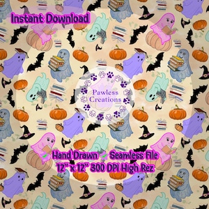 May include: A seamless digital file featuring hand-drawn Halloween-themed illustrations. The design includes ghosts, pumpkins, bats, witch hats, and books. The file is 12" x 12" and is 300 DPI high resolution. The text says "Instant Download".