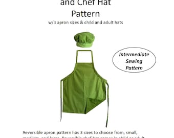 May include: Green reversible apron and chef hat sewing pattern. The pattern includes three apron sizes and child/adult hat sizes. The apron has ties and the neck can be adjusted. The image also includes the text "Reversible Apron and Chef Hat Pattern".