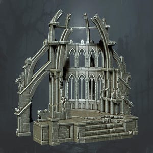 Puede incluir: Un modelo en miniatura gris de una catedral de piedra en ruinas con arcos apuntados altos, mampostería desmoronada y una plataforma elevada con escalones. La estructura muestra detalles intrincados de ladrillo y marcos de ventanas abiertos, capturando la apariencia de una reliquia arquitectónica antigua.
