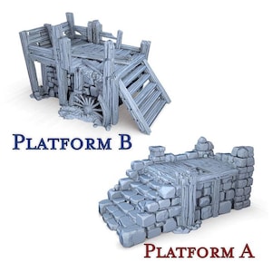 May include: Two gray miniature platforms, labeled "Platform A" and "Platform B." Platform B features a wooden structure with a ladder and a water wheel. Platform A has stone steps leading to a wooden platform. The text "PLATFORM A" and "PLATFORM B" are in the image.