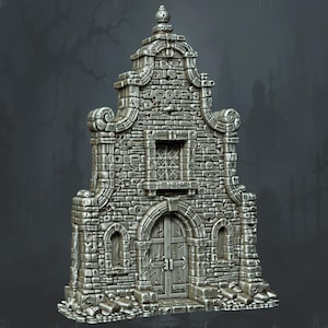 Puede incluir: Una fachada de edificio en miniatura de piedra gris texturizada con una puerta central de madera arqueada, dos ventanas laterales arqueadas más pequeñas y una ventana rectangular superior. Tiene un techo de hastial escalonado.