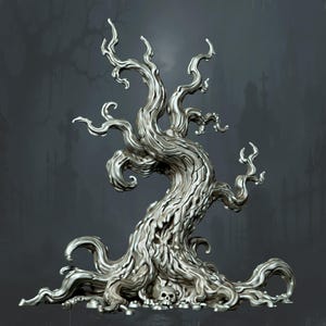 Puede incluir: Una escultura en miniatura de color plateado de un árbol nudoso y retorcido con raíces expuestas que se extienden por la base. Un pequeño y detallado cráneo humano está anidado entre las raíces en el centro de la base del árbol, con un acabado metálico.