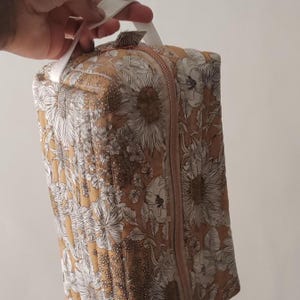Floral Quilted Makeup Bag Brown Cotton Cosmetic Toiletry Pouch wash bag.