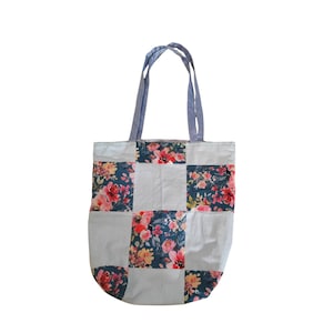 Blue Tote Bag – Cotton Fabric Shoulder Bag – Reusable Shopper – Lightweight Everyday Tote silk straps- Patchwork
