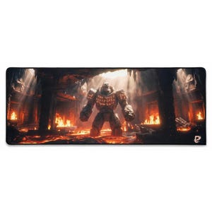 May include: A rectangular desk mat featuring a large stone golem standing in a cavernous chamber. The scene includes glowing orange lava, flickering flames, and light streaming from above. The golem has glowing red runes on its chest.