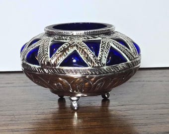 Moroccan Cobalt Blue Tea Light Trinket Dish w/ Silver Design