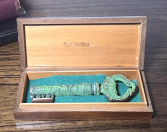Vintage Wooden Box w/ Key & Bottle Opener, Veritas Patina