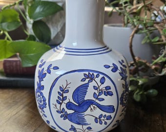 Hand Painted White & Blue Portugal Pottery Vase w/ Bird and Floral Design