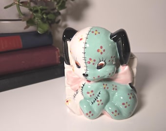 Vintage Napco Puppy Dog With Stitched Patchwork Planter Vase