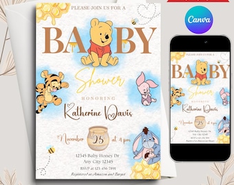 Winnie the Pooh Baby Shower Invitation Digital Invitation Oh Boy Blue Winnie The Pooh Invitation Pooh template boy baby shower invitation