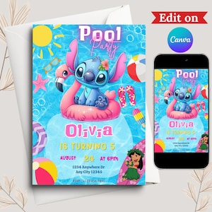 Stitch birthday party digital invitation, stitch pool party invitation, hawaiian party invitation