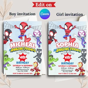 Op de afbeelding: Twee verjaardagsuitnodigingen met superheldenthema. Op de ene staat "Micheal" en op de andere "Sophia". Beide bevatten Spider-Man, Spider-Gwen en andere personages. De uitnodigingen bevatten feestdetails: datum, tijd en locatie.