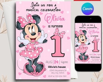 Editable Minnie 1st Birthday digital Invitation  first Minnie Birthday Invite cute mouse Invitation girl Minnie Invitation