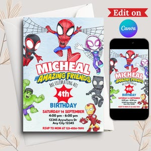 以下が含まれることがあります： スパイダーマンやアイアンマンなどのスーパーヒーローのキャラクターが描かれた誕生日招待状。招待状は白でカラフルなデザインで、「MICHEAL & AMAZING FRIENDS ARE CELEBRATING HIS 4th BIRTHDAY」というテキストが含まれています。