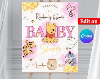 Winnie the Pooh Baby Shower welcome sign Digital Welcome sign pink Winnie The Pooh Baby shower Pooh welcome sign girl baby shower sign