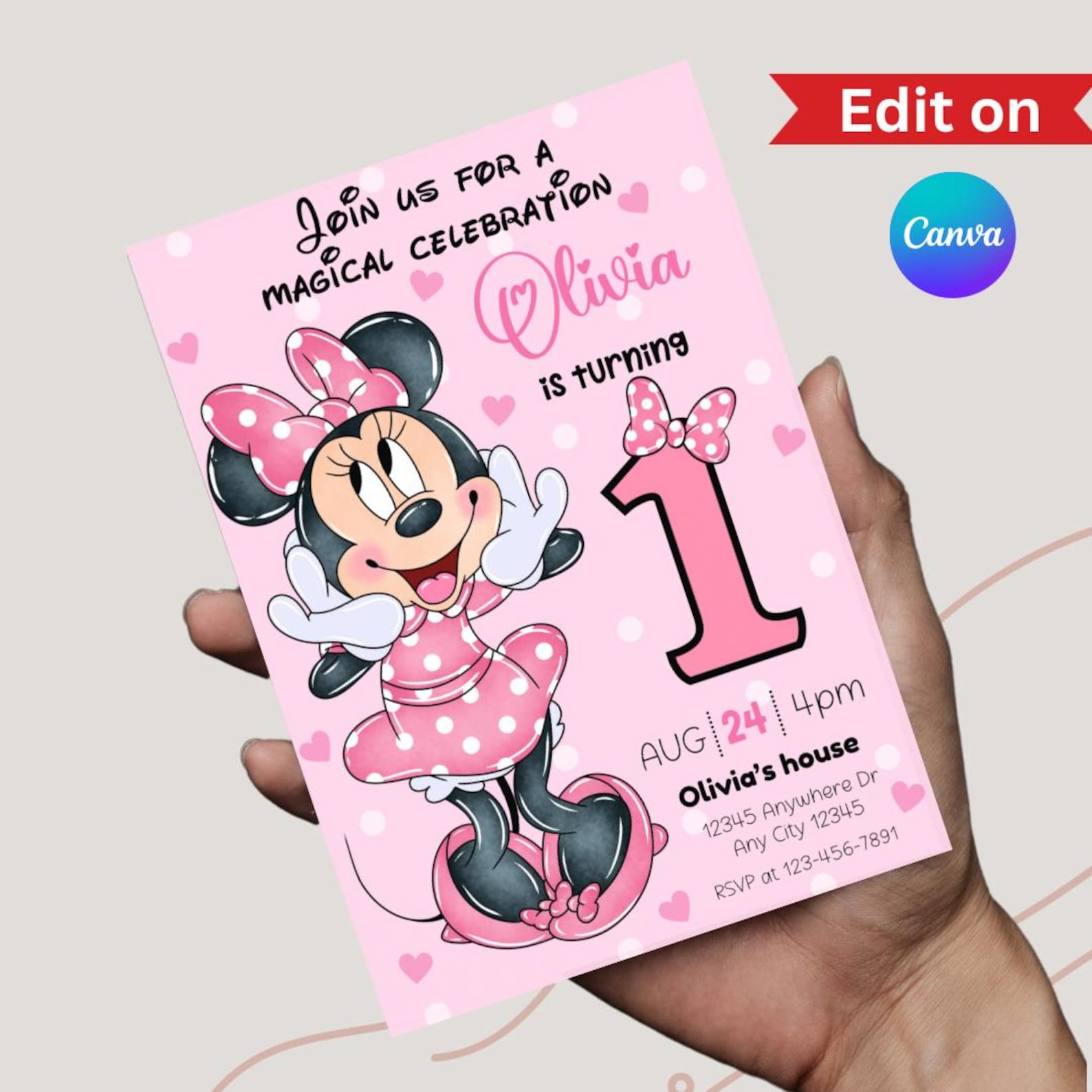Editable Minnie 1st Birthday Digital Invitation First Minnie Birthday ...