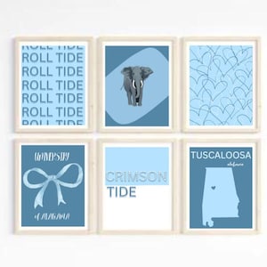 Blue Set of 6 University of Alabama Prints, Digital Downloads, Dorm Decor, Wall Art, BAMA, College Prints, customizable colors if message