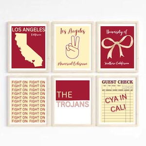 Set of 6 University of Southern California, Digital Downloads, Dorm Decor, Wall Art, USC, College Prints, CUSTOMIZABLE COLORS, if message