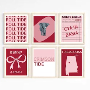 Set of 6 University of Alabama Prints, Digital Downloads, Dorm Decor, Wall Art, BAMA, College Prints, CUSTOMIZABLE COLORS if message