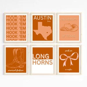 Set of 6 University of Texas Austin Prints, Digital Downloads, Dorm Decor, Wall Art, Longhorns, College Print CUSTOMIZABLE COLORS if message