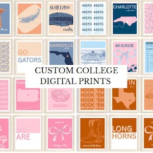 Custom set of 6 college prints, Digital Downloads, Dorm Decor, Wall Art, Personalized College/ University, College Prints, Apartment Decor