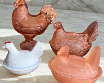4 set Vintage Hen-on-Nest - Amber, Pink & Milk  • Heavy Early Glass • Rare Full Set