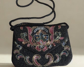 ヴィンテージブラックフローラルビーズハンドバッグ - ハンドメイド菊