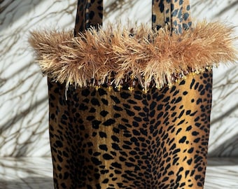 Bolso tote vintage de leopardo Y2K • Bolso de hombro con ribete de pelo • Terciopelo de guepardo
