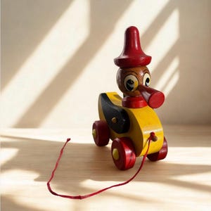 May include: A vintage wooden pull toy shaped like a duck. The toy features a yellow body, red wheels, and a red hat. The duck's head is brown with large eyes and a red beak. A red string extends from the toy.
