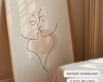 Minimalist Couple Line Art Print – Modern Romantic Wall Art, Abstract Kiss Poster, Digital Download
