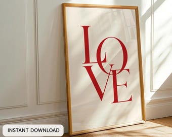 LOVE Typography Print, Modern Valentine Wall Art, Minimal Red Love Poster, Romantic Home Decor, Valentine’s Day Printable, Digital Download