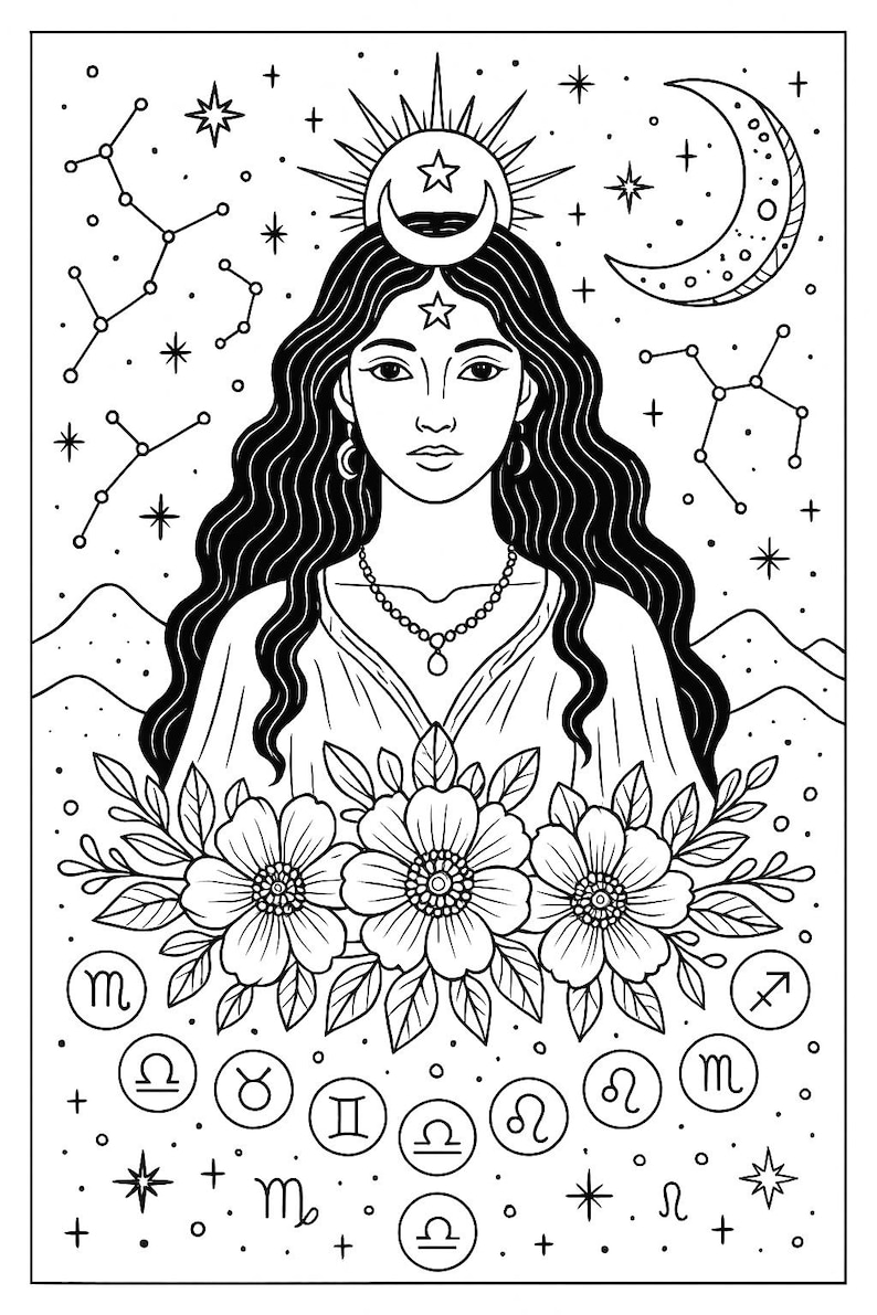 Puede incluir: Ilustraci&oacute;n en blanco y negro de una mujer con cabello largo y ondulado, adornada con una corona de luna creciente y estrella. La imagen presenta elementos florales, s&iacute;mbolos del zodiaco, constelaciones y una luna creciente.