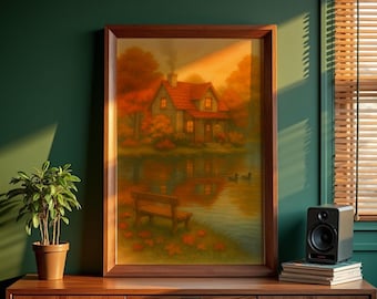 Autumn Lakeside Cottage Print: Cozy Cabin, Ducks, Sunset Reflection (PDF Download)