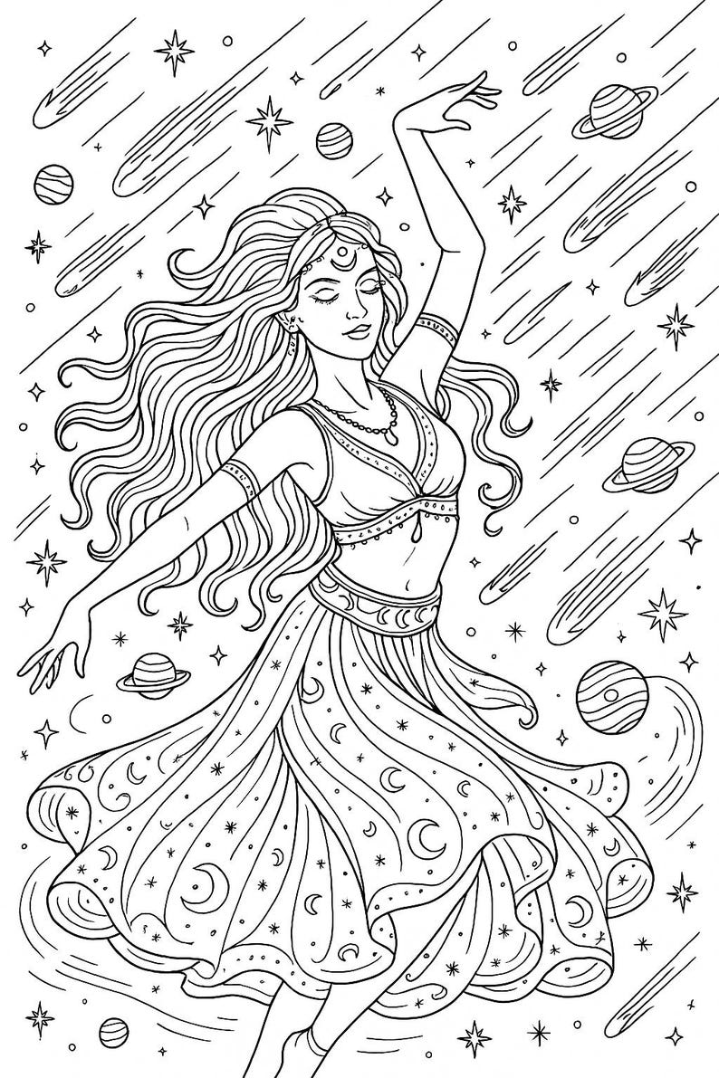 Puede incluir: Ilustraci&oacute;n en blanco y negro de una mujer bailando con un vestido fluido adornado con lunas y estrellas. El fondo presenta planetas, estrellas fugaces y elementos celestiales. La mujer tiene el pelo largo y suelto y lleva una diadema y joyas.