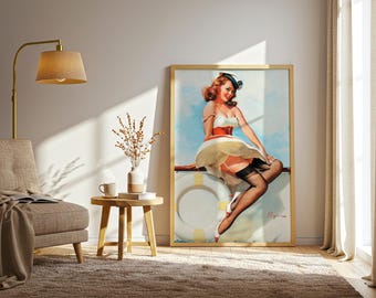 Vintage Sailor Pin-Up Wall Art – Retro Nautical Poster, 1950s Pinup Girl Illustration, Classic Beach Decor, Nautical Wall Print