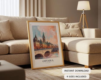 Könnte beinhalten: Ein gerahmter Kunstdruck von Ottawa, Kanada, mit einem Aquarellgemälde der Architektur der Stadt und einer Brücke über einen Fluss. Der Druck hat einen goldenen Rahmen und den Text "OTTAWA CANADA".
