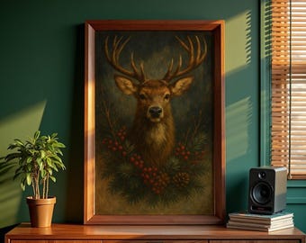 Winter Stag Christmas Print – Rustic Nordic Cabin Wall Art (Digital Download)