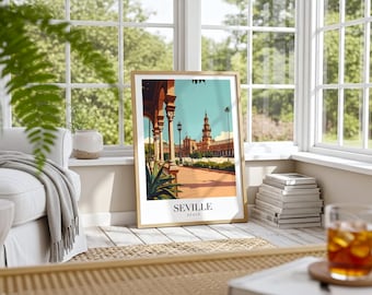 Poster di viaggio di Siviglia, stampa di Plaza de España, arte murale di Siviglia, poster della Spagna, decorazioni di viaggio vintage, opere d'arte di architettura spagnola